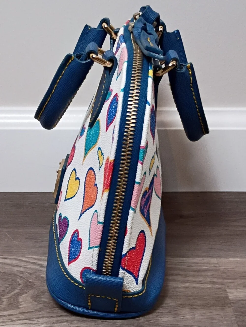 Dooney & Bourke Vintage Y2K White Blue Multicolor Hearts Leather Small Satchel